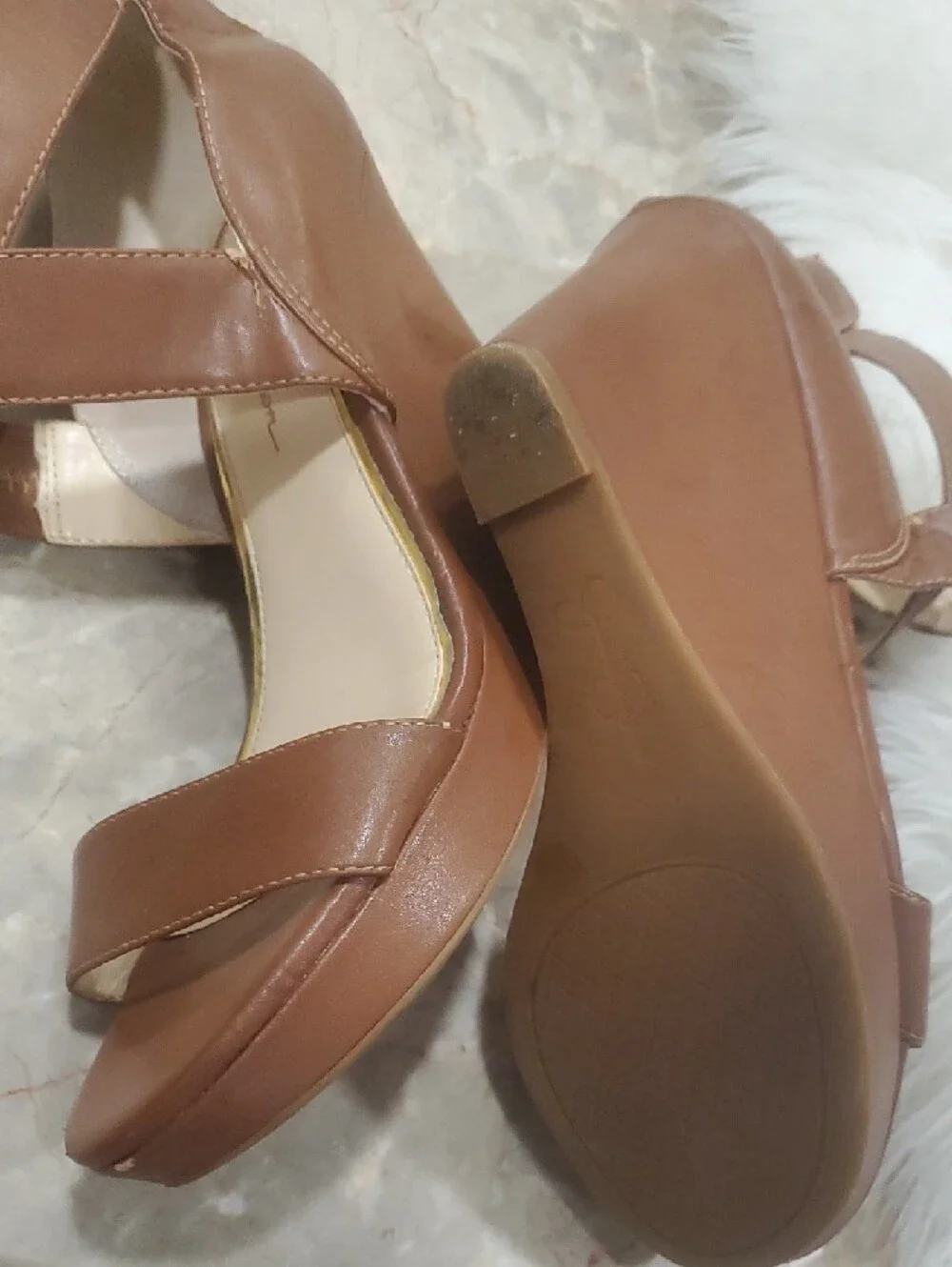 Jessica Simpson Brown Leather Crisscross Strap Wedge Heels Size 9 - Picture 9 of 15